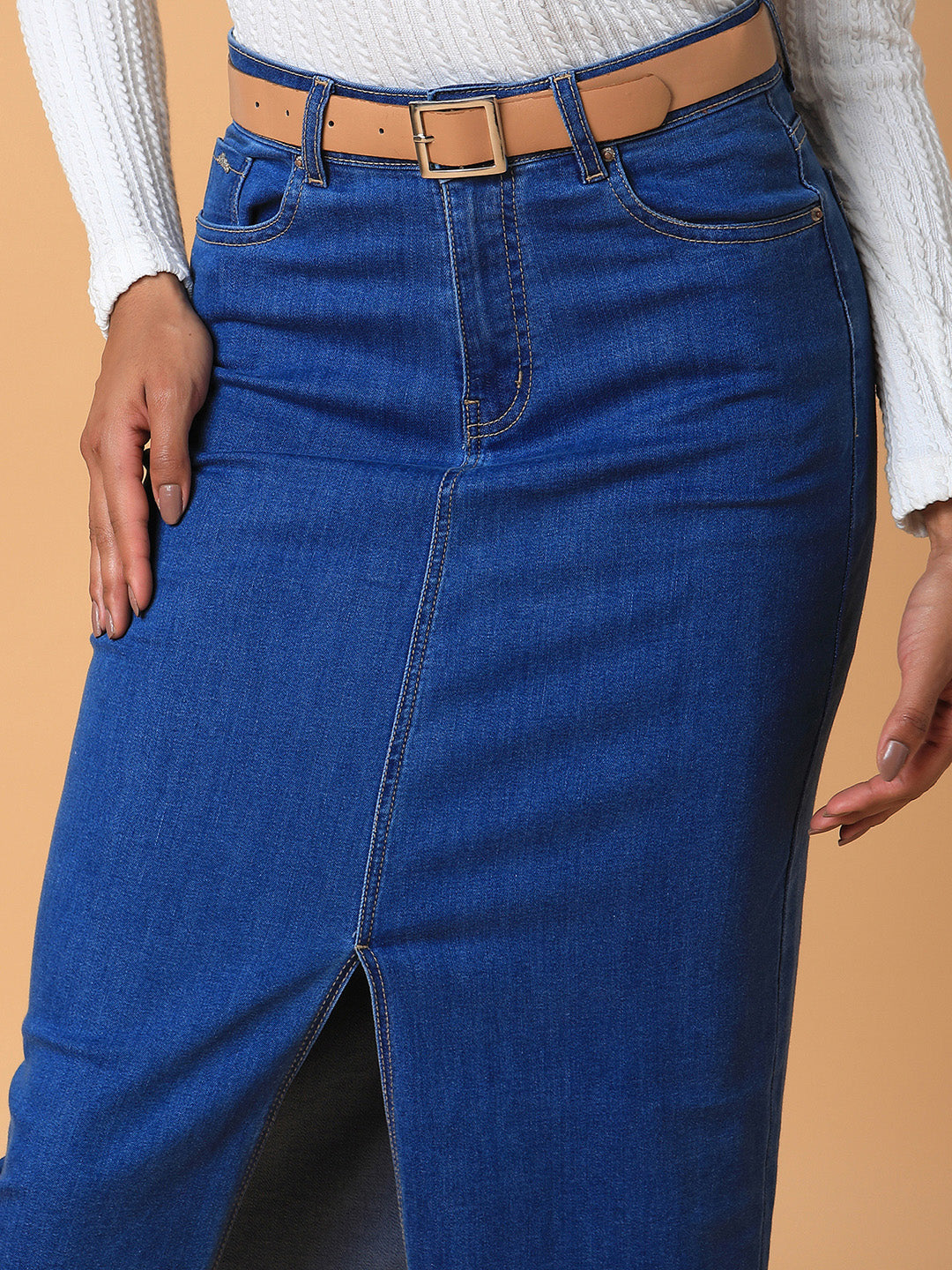 Women's Blue Solid Straight Maxi Denim Skirt with Belt