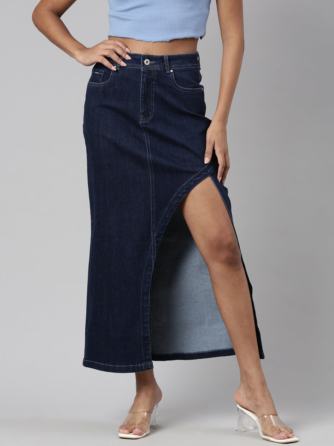 Women's Navy Blue Front-Slit Denim A-Line Skirt