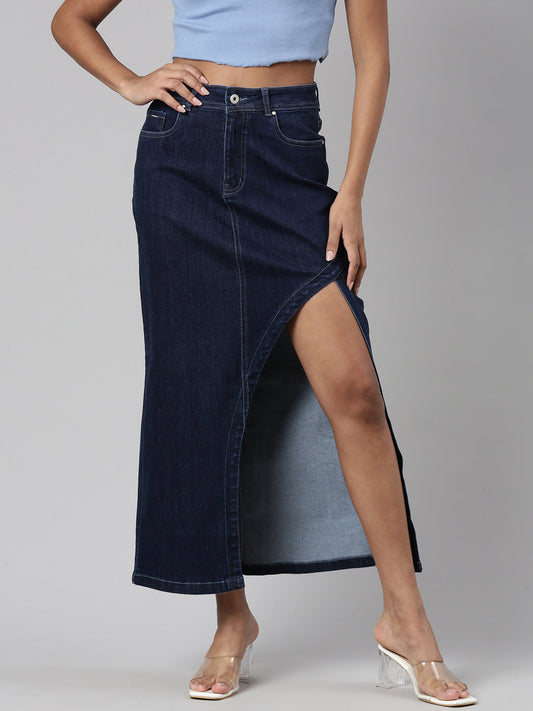 Women's Navy Blue Front-Slit Denim A-Line Skirt
