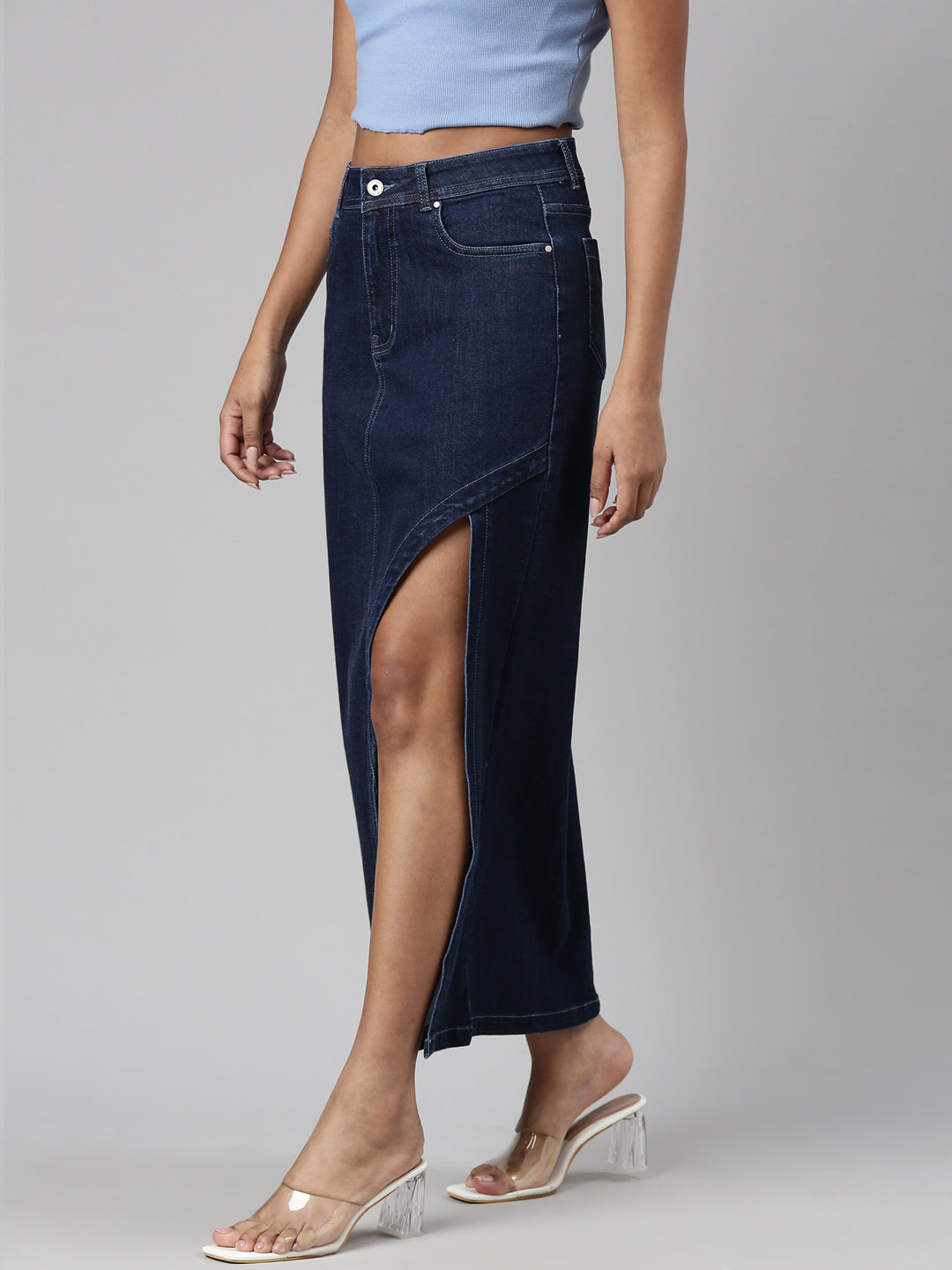 Women's Navy Blue Front-Slit Denim A-Line Skirt