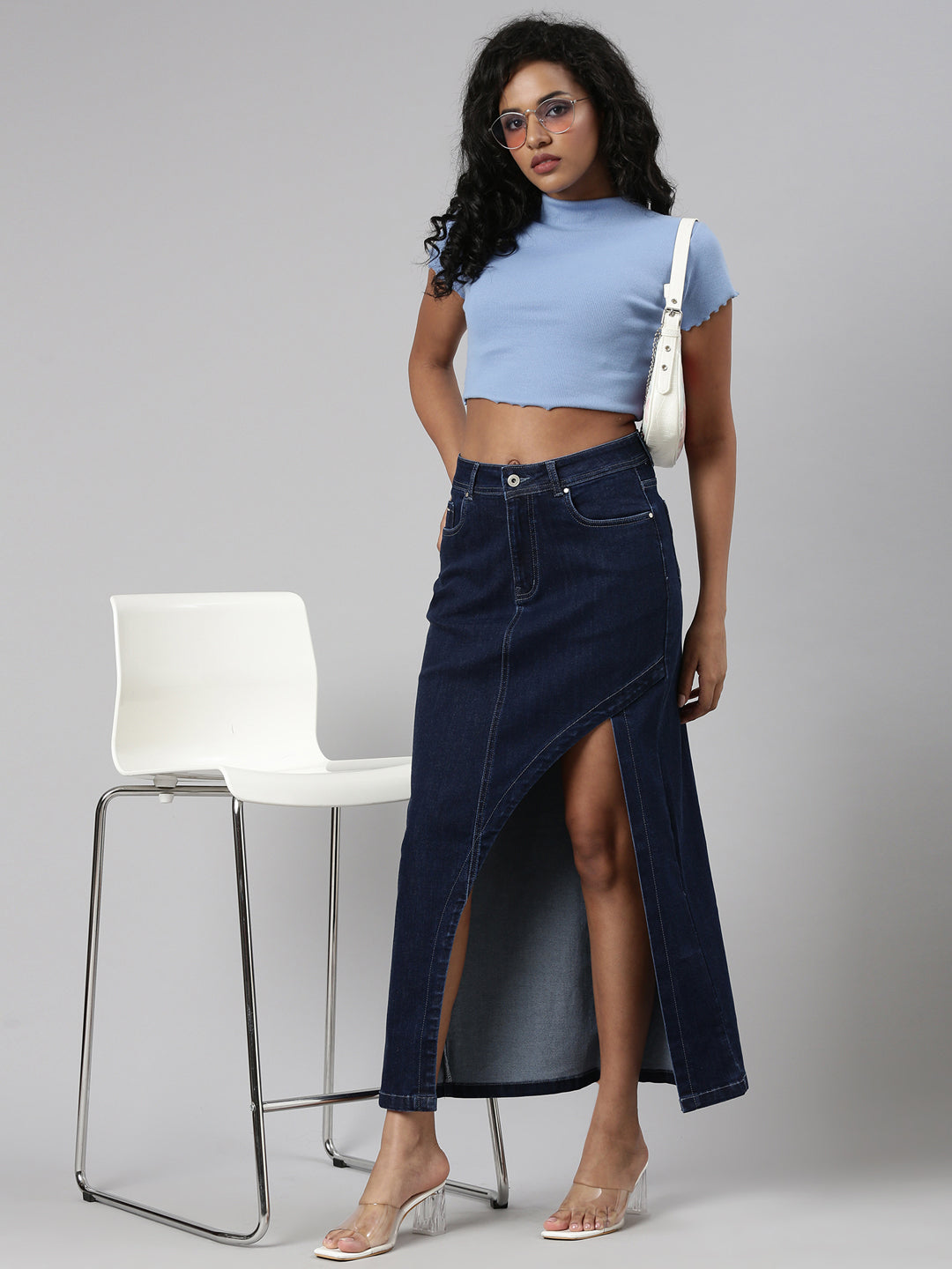 Women's Navy Blue Front-Slit Denim A-Line Skirt