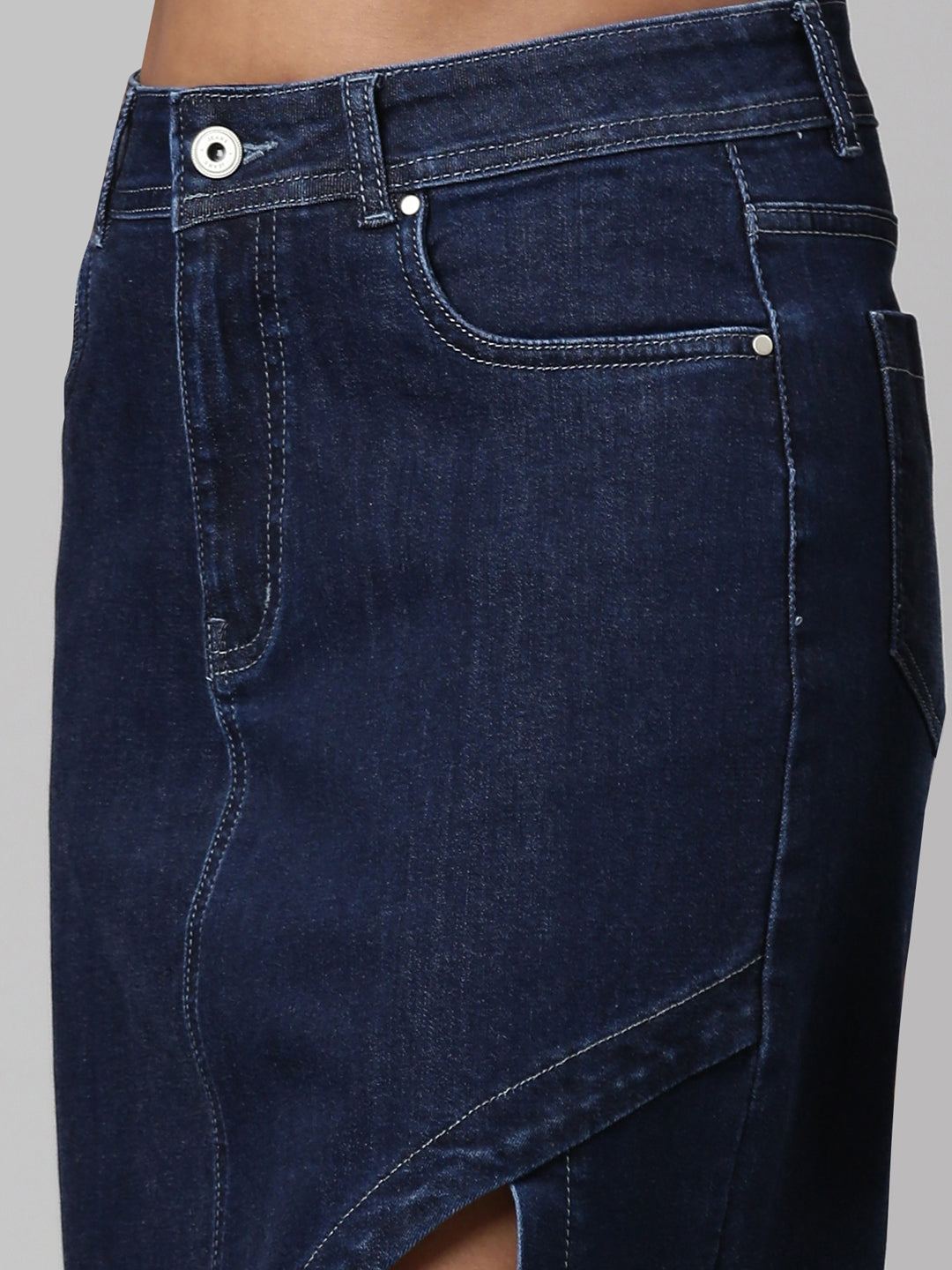 Women's Navy Blue Front-Slit Denim A-Line Skirt