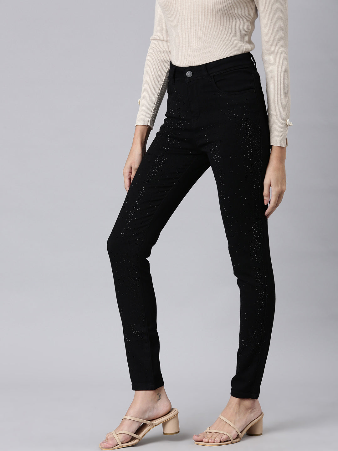 Women's Black Slim Fit High-Rise Embellished Denim Jeans