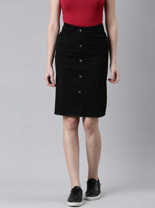 Women's Black Denim Above Knee-Length Pencil Skirt
