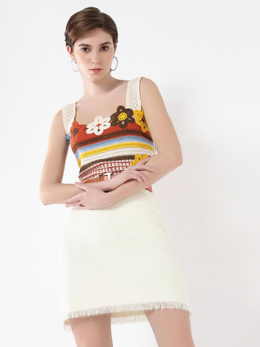 Women's Cream Floral Embroidered Shoulder Straps Acrylic Top