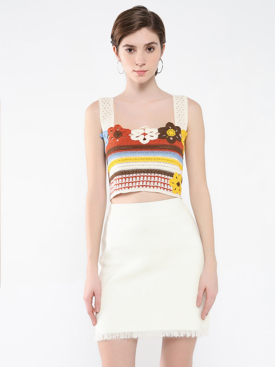 Women's Cream Floral Embroidered Shoulder Straps Acrylic Top