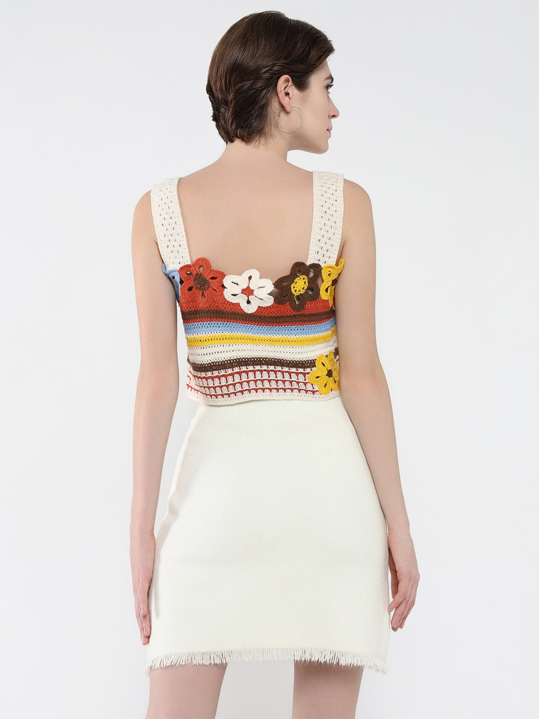 Women's Cream Floral Embroidered Shoulder Straps Acrylic Top