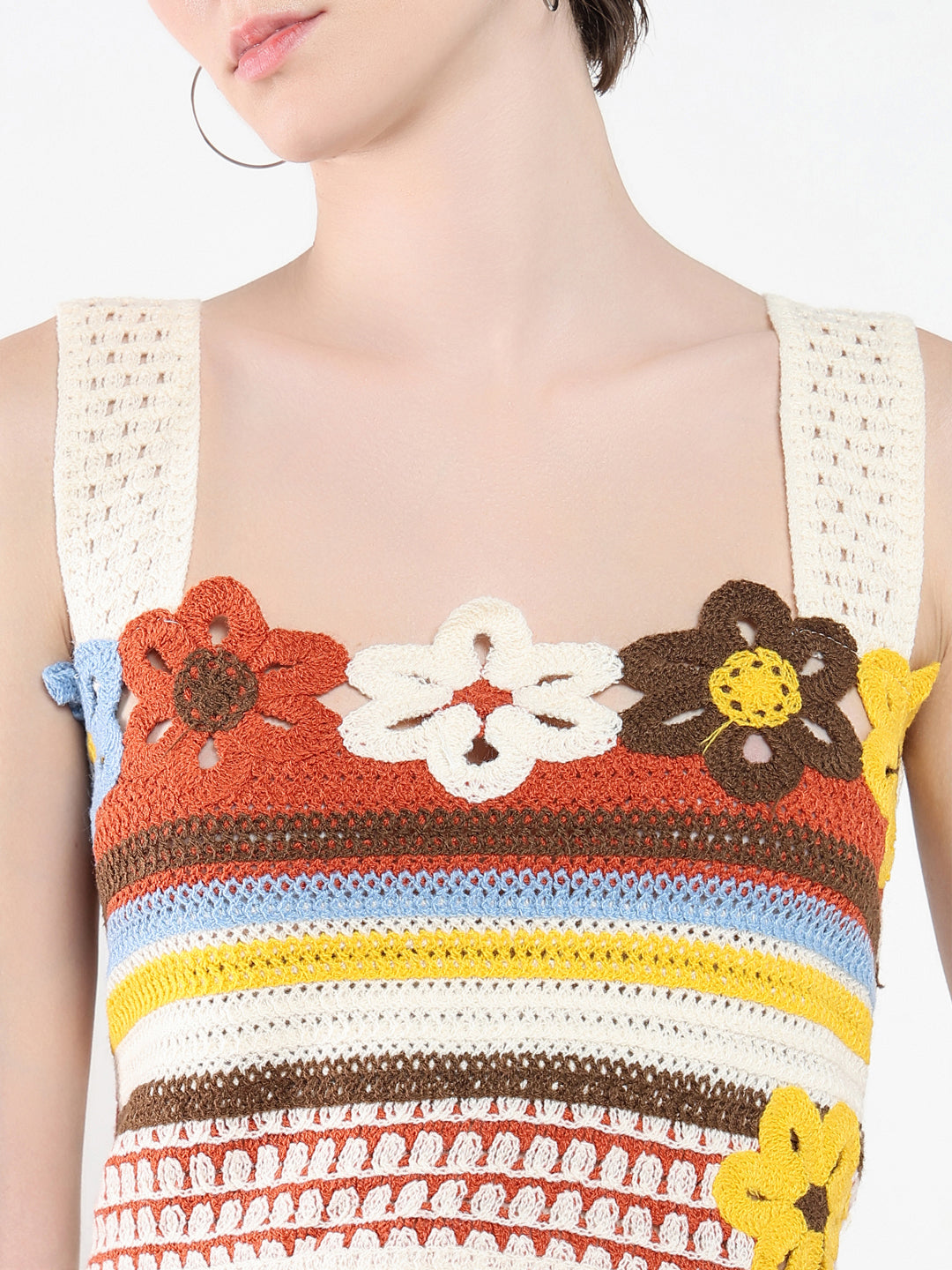 Women's Cream Floral Embroidered Shoulder Straps Acrylic Top