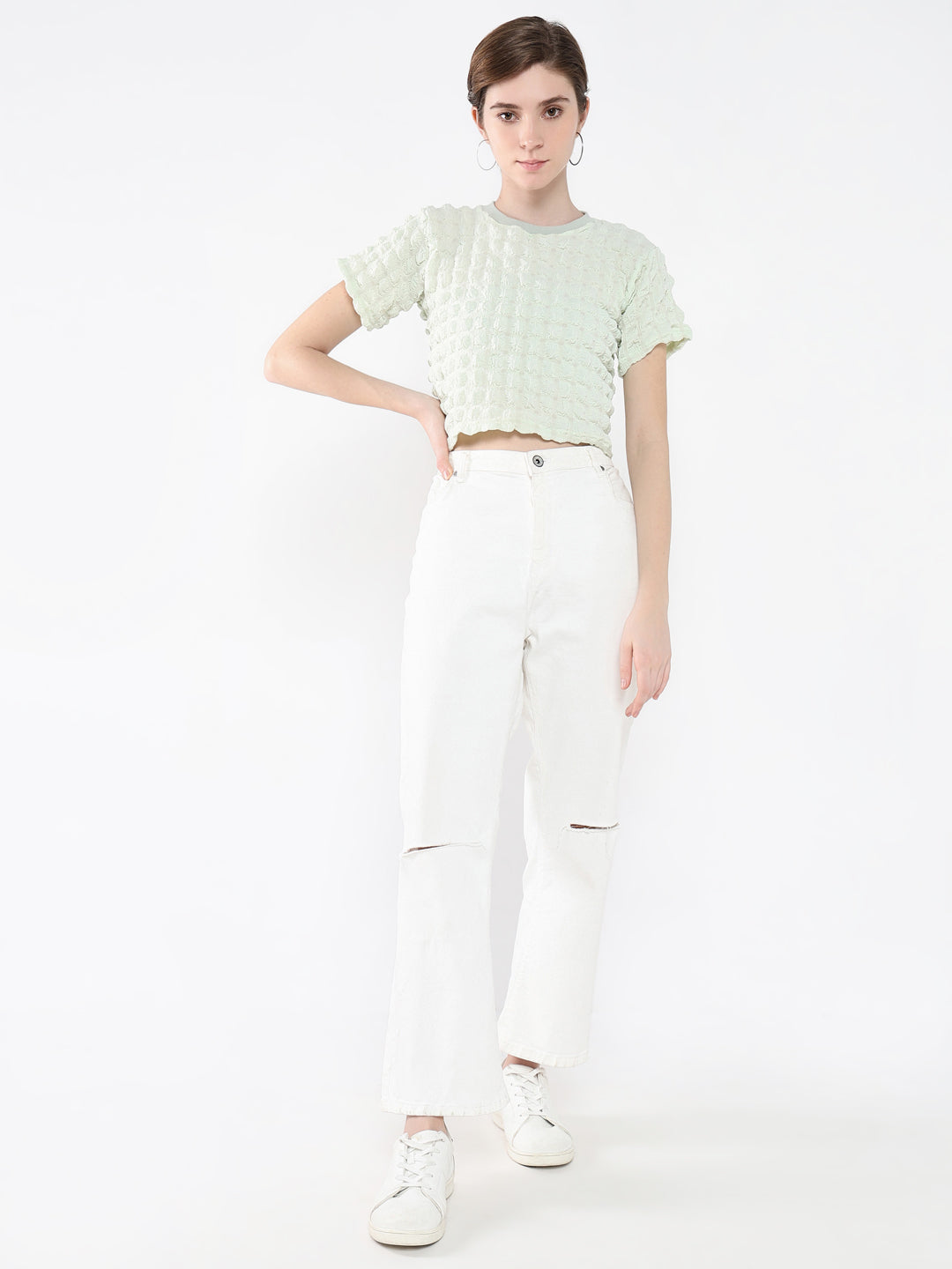 Women's Green Self Design Round Neck Acrylic Top