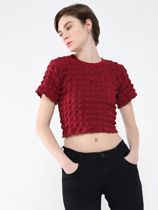 Women's Red Self Design Round Neck Acrylic Top