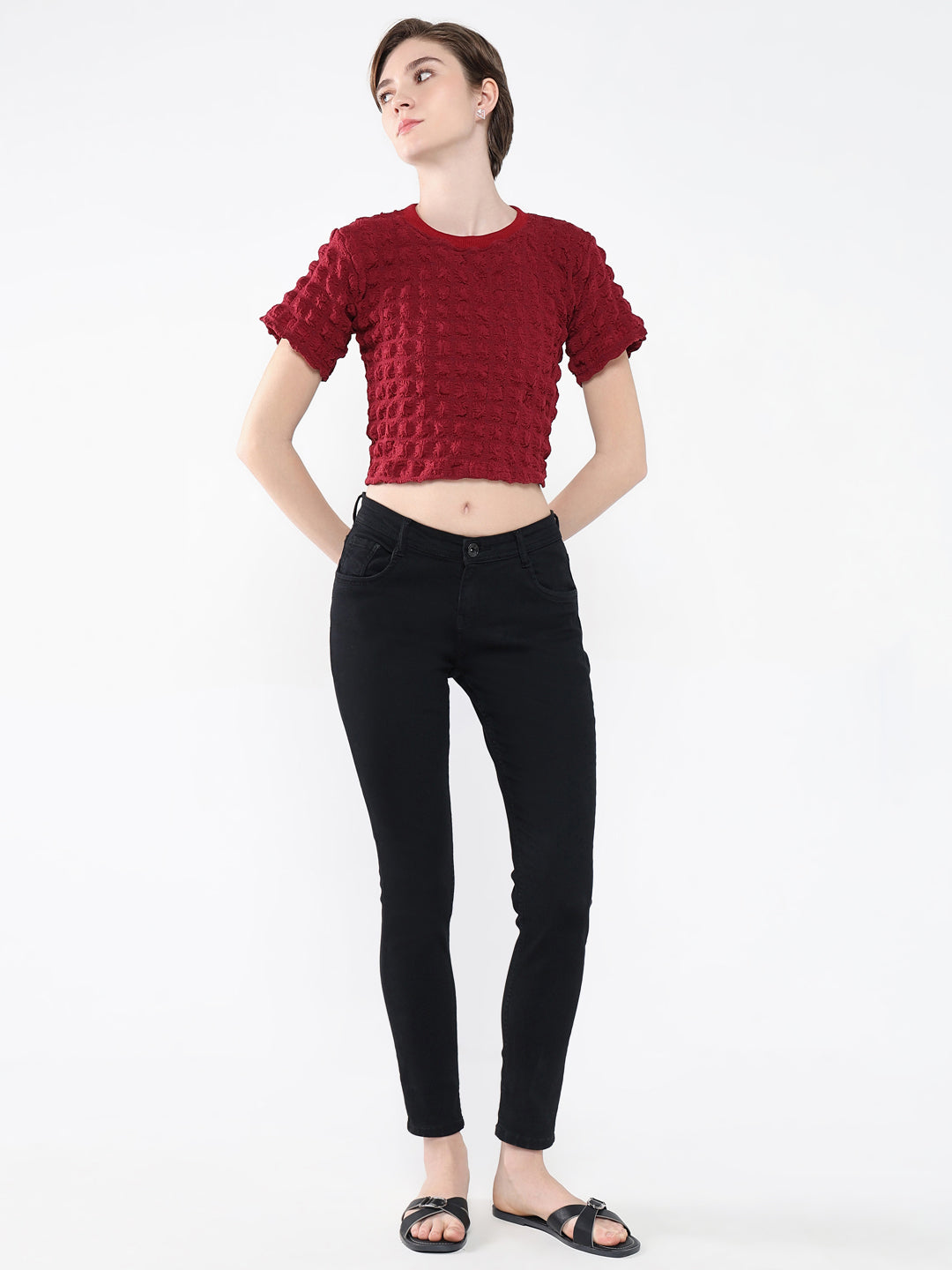 Women's Red Self Design Round Neck Acrylic Top