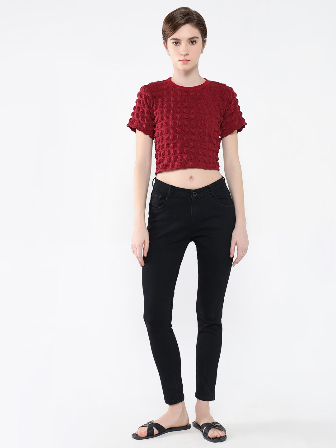 Women's Red Self Design Round Neck Acrylic Top