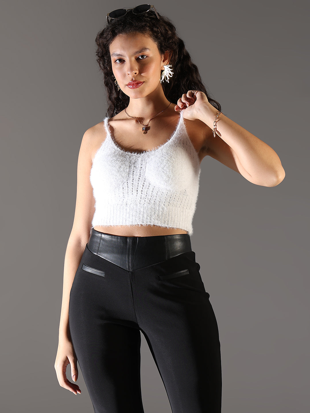 Women's White Self Design Fringed Crop Top
