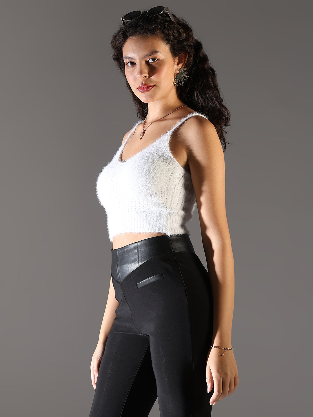 Women's White Self Design Fringed Crop Top