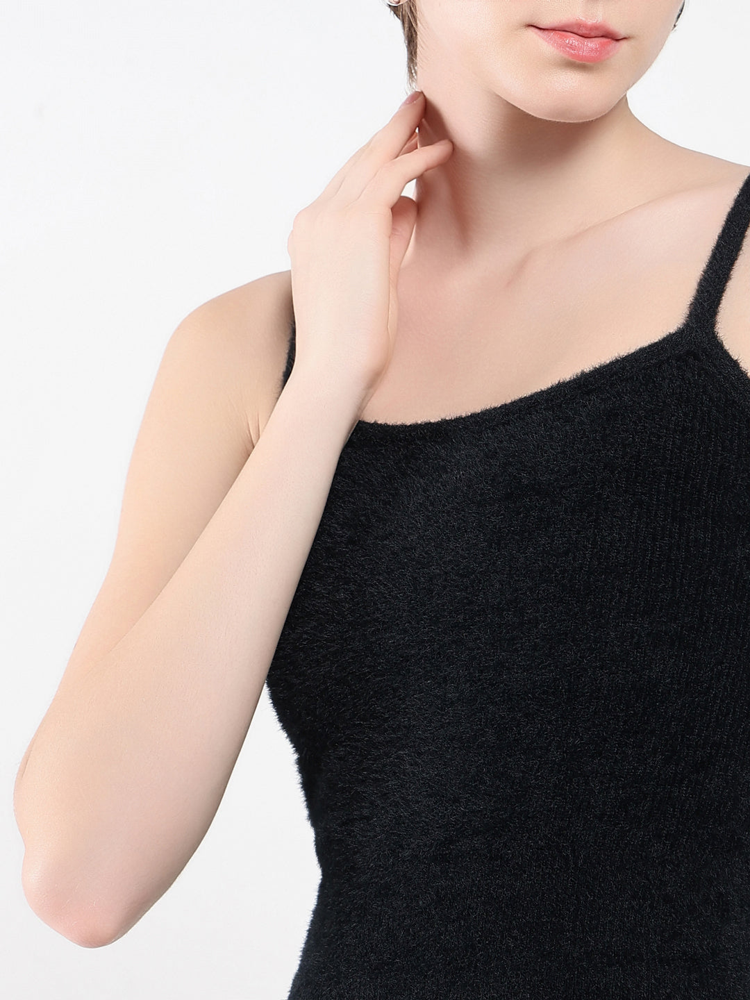 Women's Black Solid Shoulder Straps Acrylic Top
