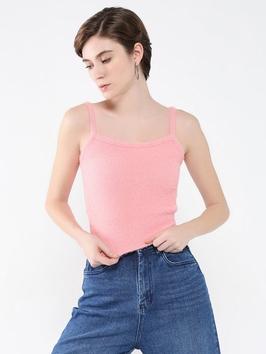 Women's Pink Solid Shoulder Straps Acrylic Top