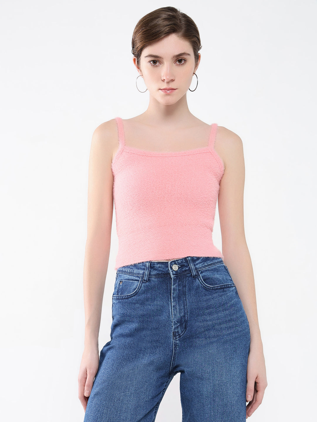 Women's Pink Solid Shoulder Straps Acrylic Top