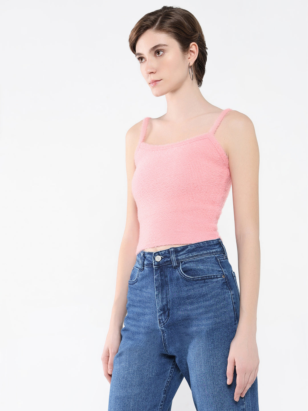 Women's Pink Solid Shoulder Straps Acrylic Top