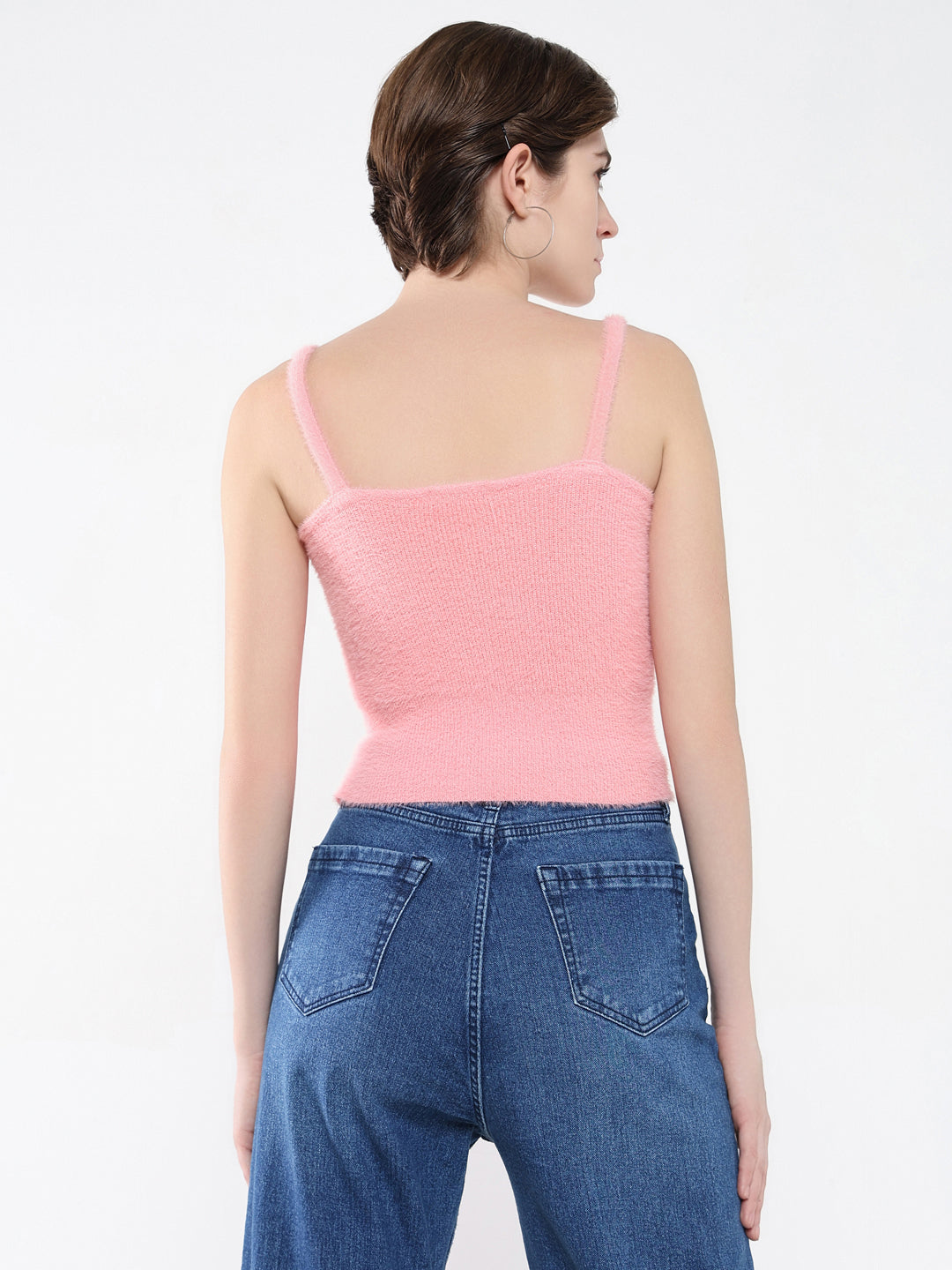 Women's Pink Solid Shoulder Straps Acrylic Top