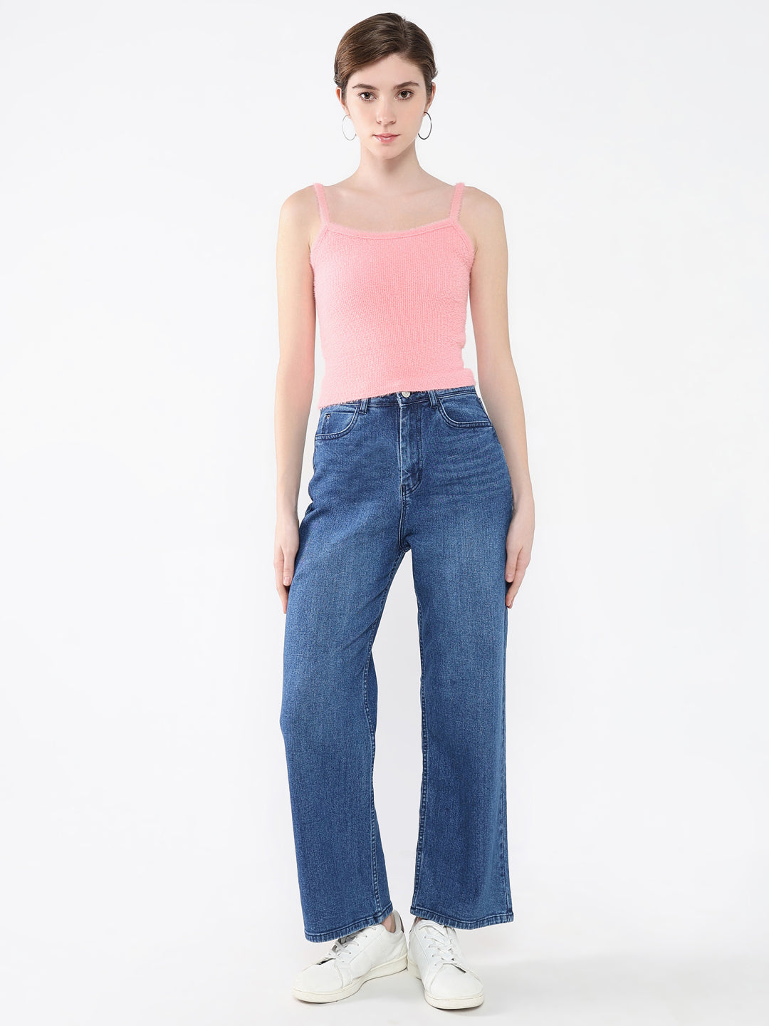 Women's Pink Solid Shoulder Straps Acrylic Top