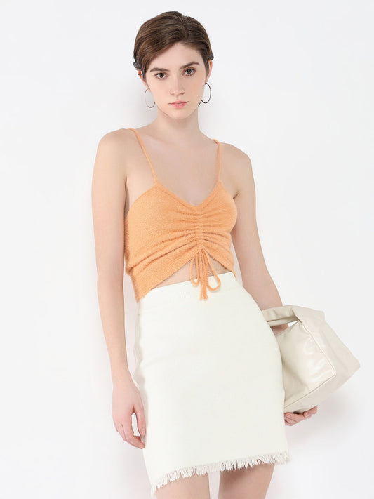 Women's Peach Self Design Shoulder Straps Acrylic Top