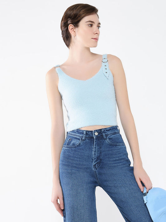 Women's Blue Self Design Scoop Neck Acrylic Top