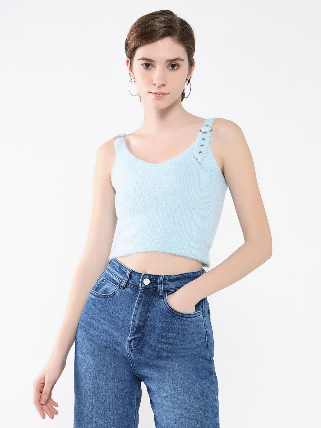 Women's Blue Self Design Scoop Neck Acrylic Top