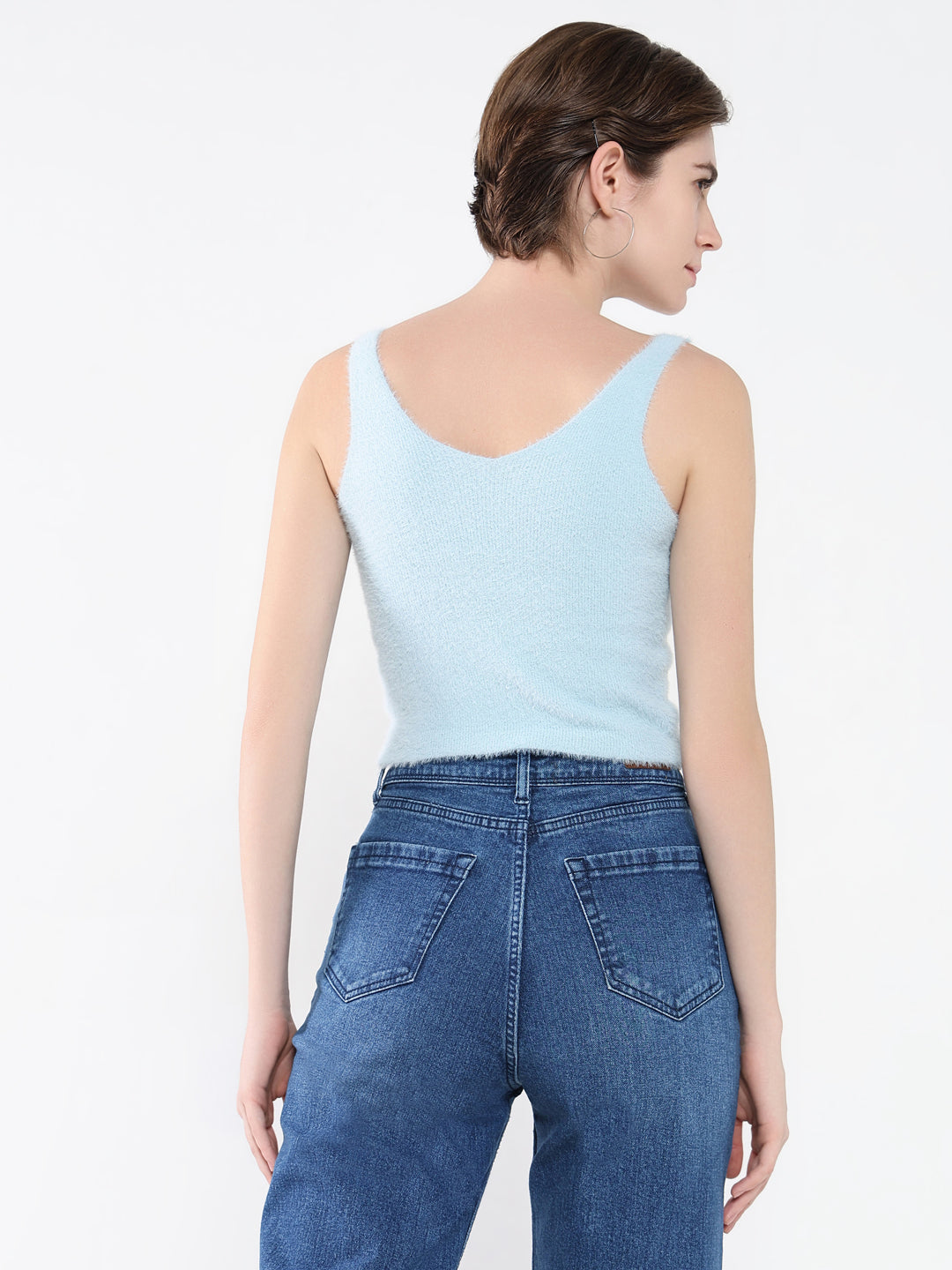 Women's Blue Self Design Scoop Neck Acrylic Top