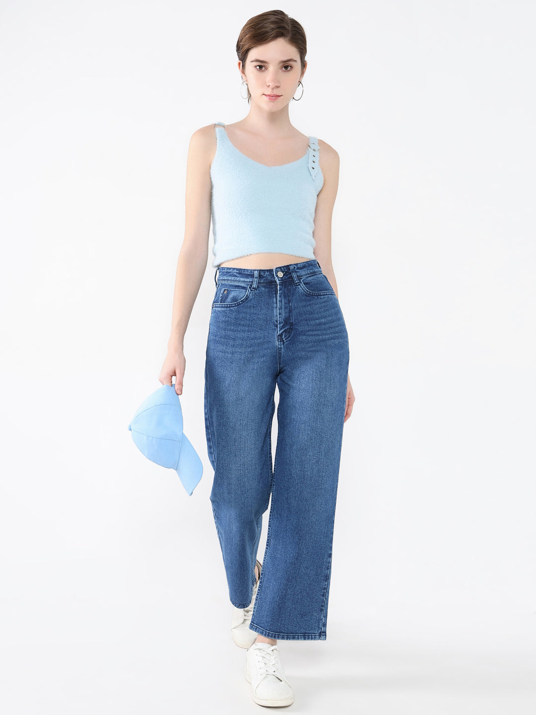 Women's Blue Self Design Scoop Neck Acrylic Top