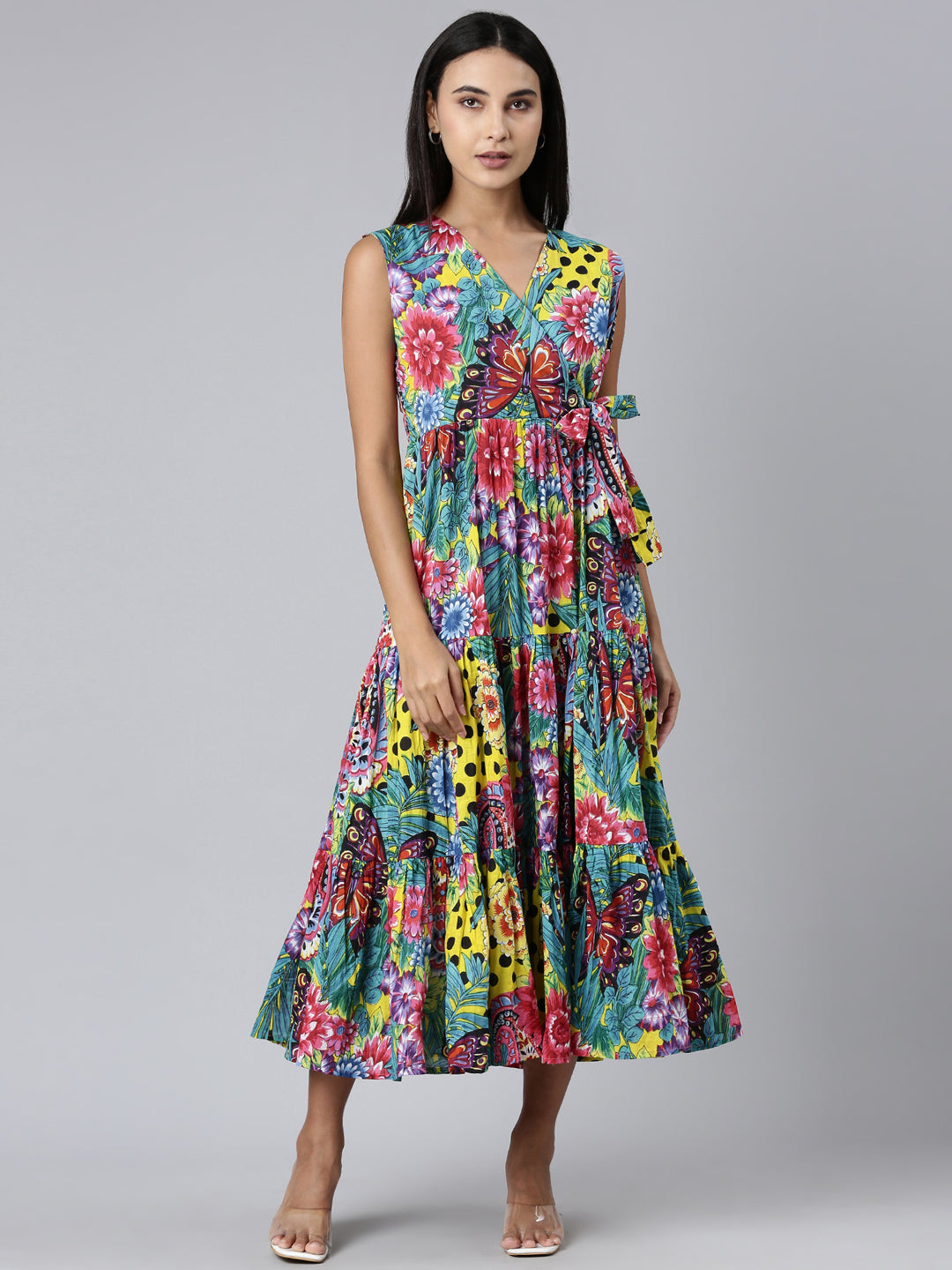 Women's Multi V-Neck Floral Printed Gathered Midi Wrap Dress