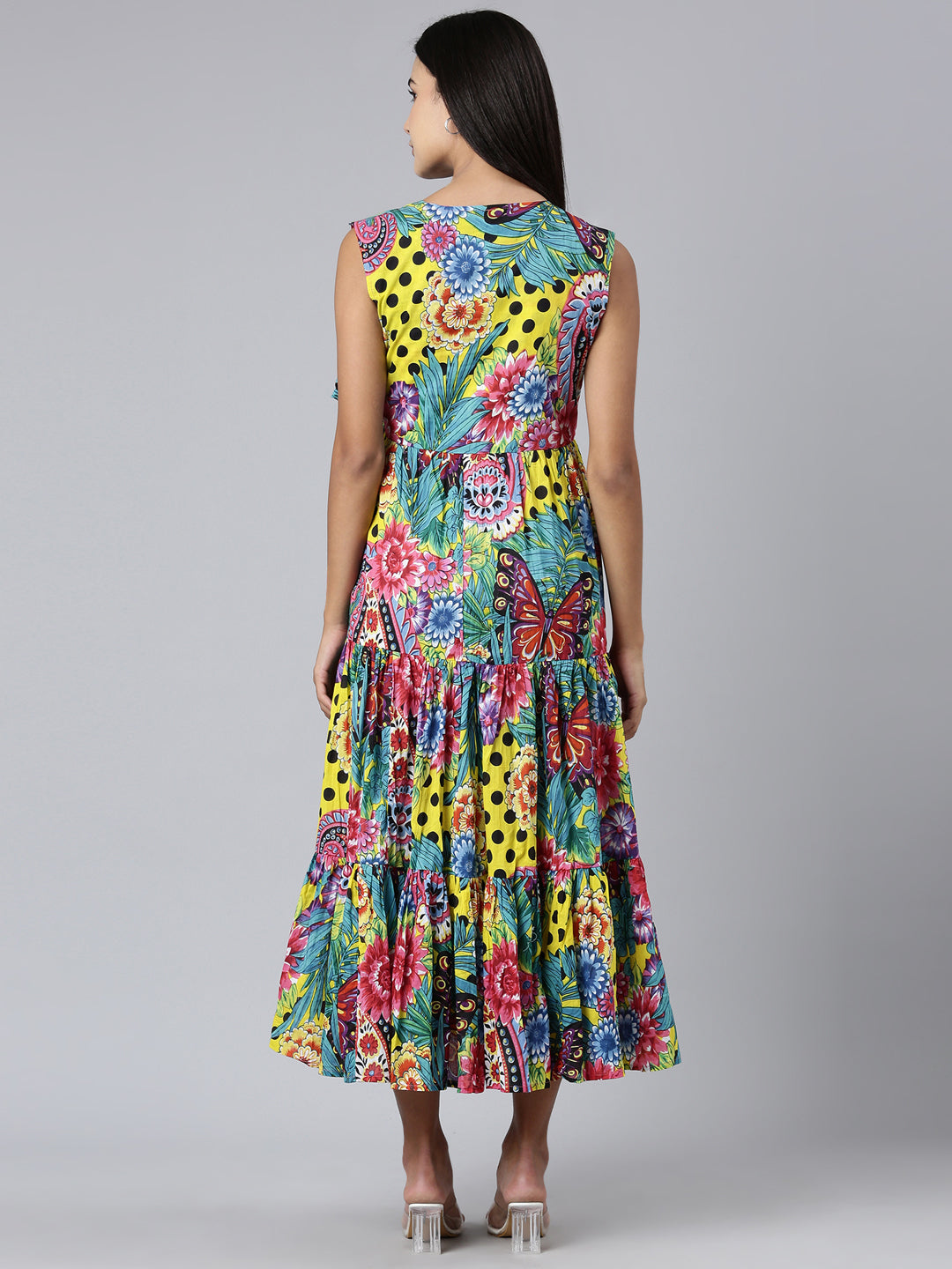 Women's Multi V-Neck Floral Printed Gathered Midi Wrap Dress