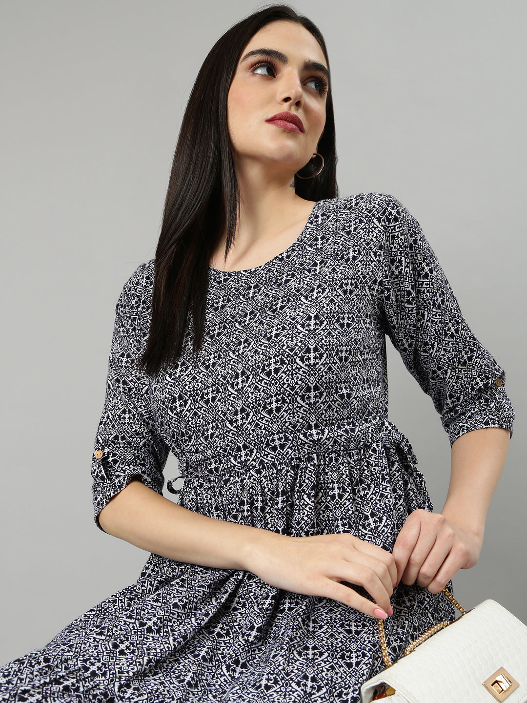Women's Navy Blue Geometric Printed Roll Up Sleeves Fit And Flare Dress