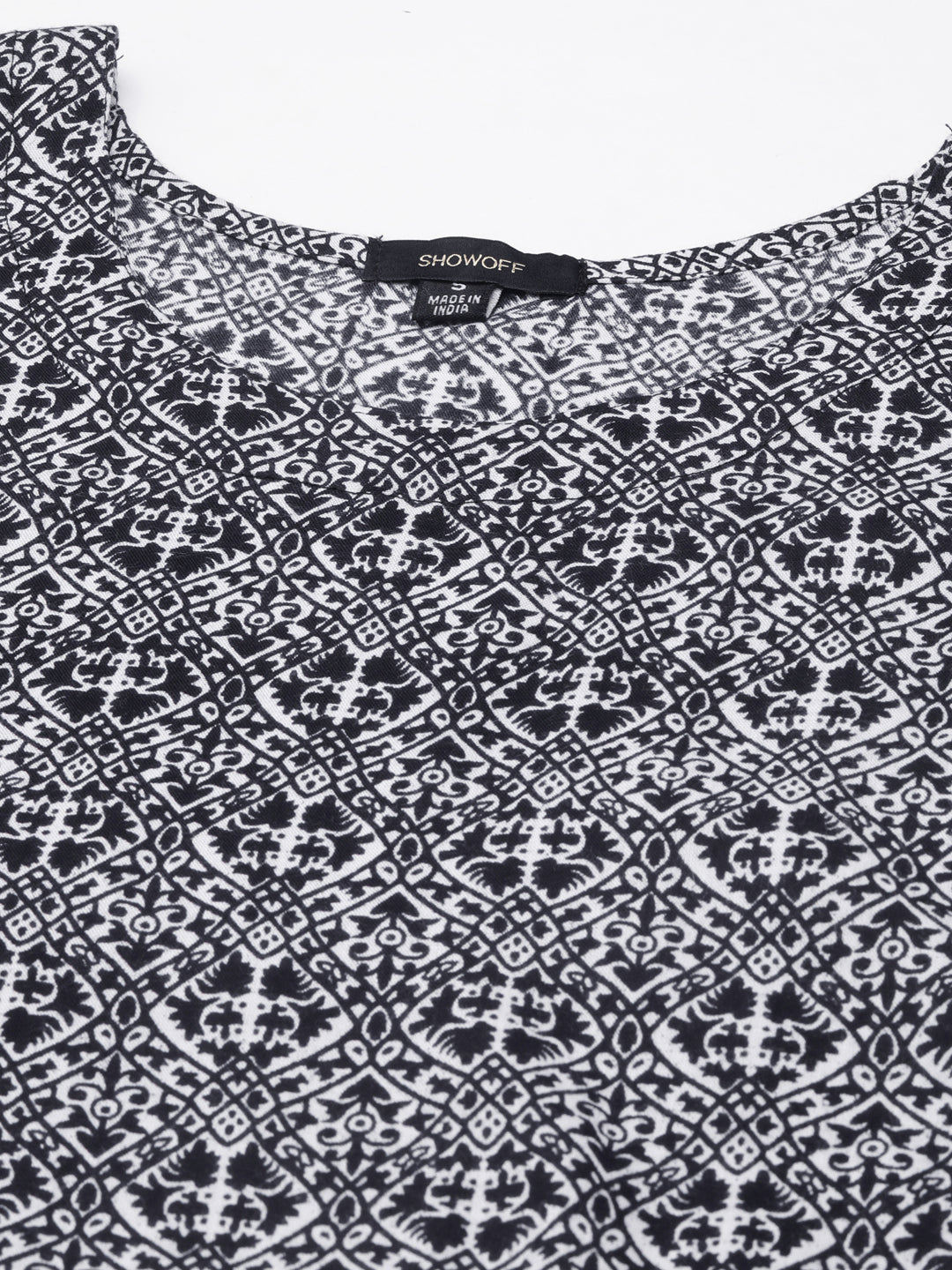 Women's Navy Blue Geometric Printed Roll Up Sleeves Fit And Flare Dress