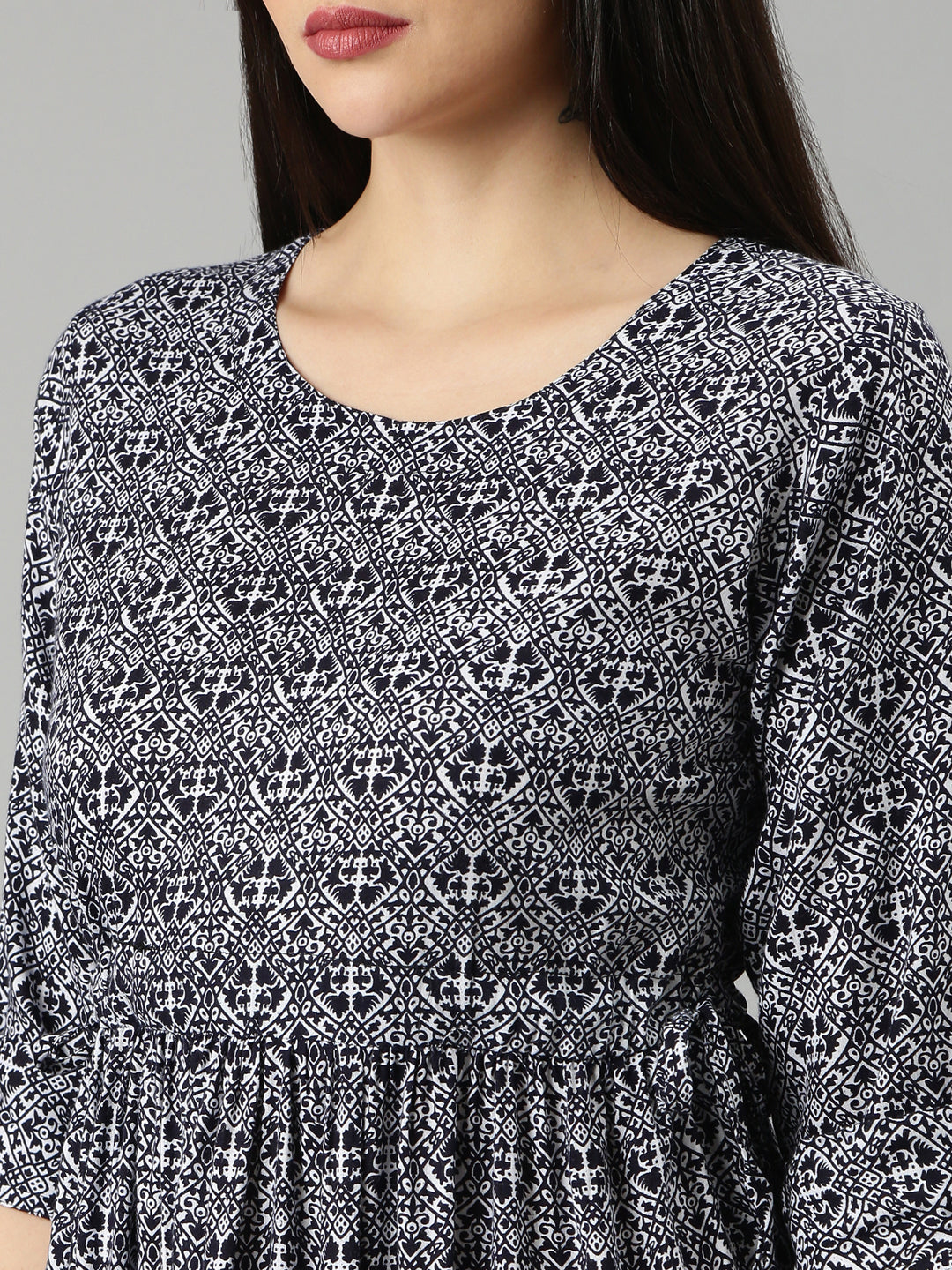 Women's Navy Blue Geometric Printed Roll Up Sleeves Fit And Flare Dress