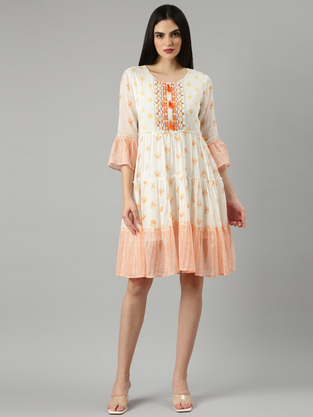 Women's Off White Floral Printed Bell Sleeve Fit and Flare Dress