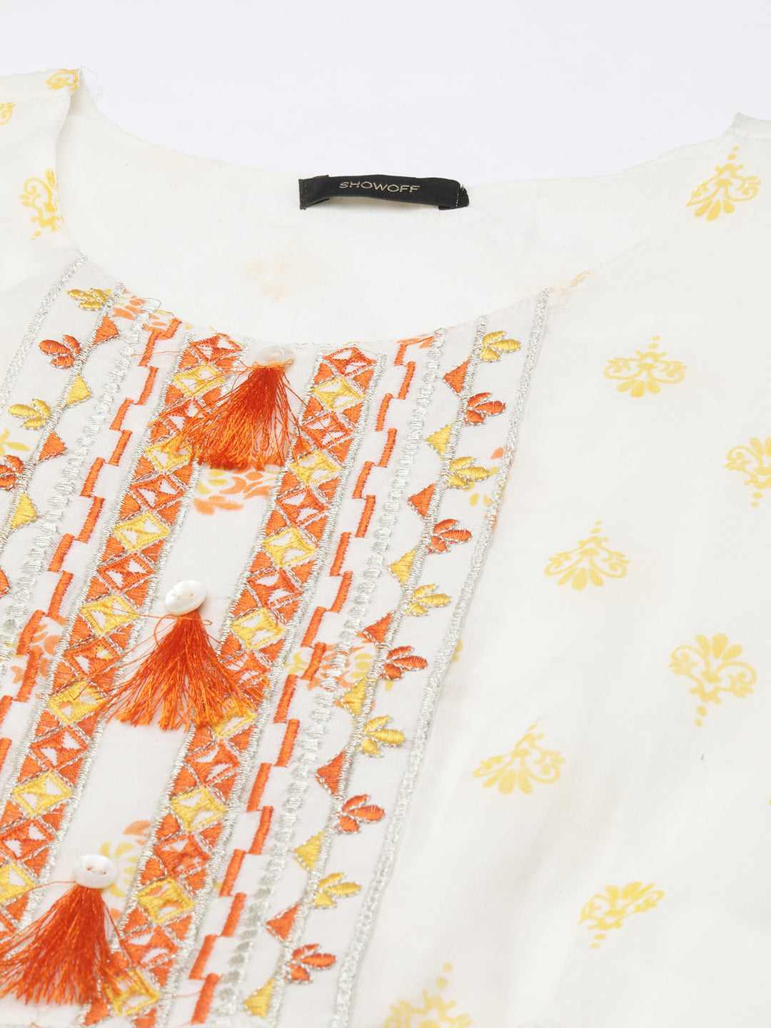 Women's Off White Floral Printed Bell Sleeve Fit and Flare Dress
