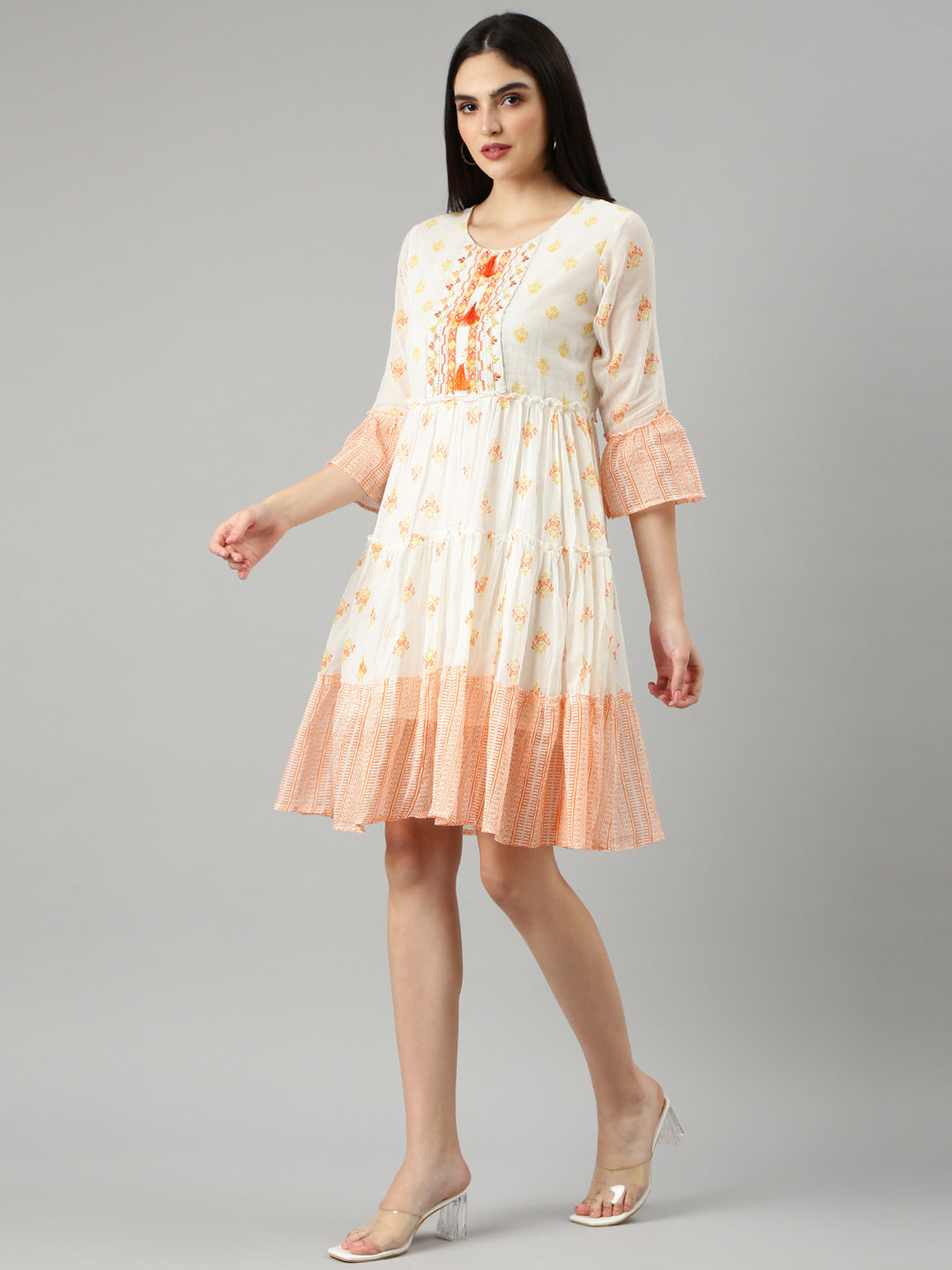 Women's Off White Floral Printed Bell Sleeve Fit and Flare Dress