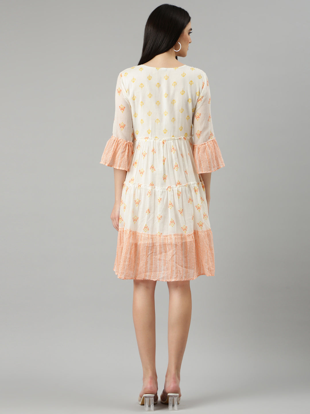 Women's Off White Floral Printed Bell Sleeve Fit and Flare Dress