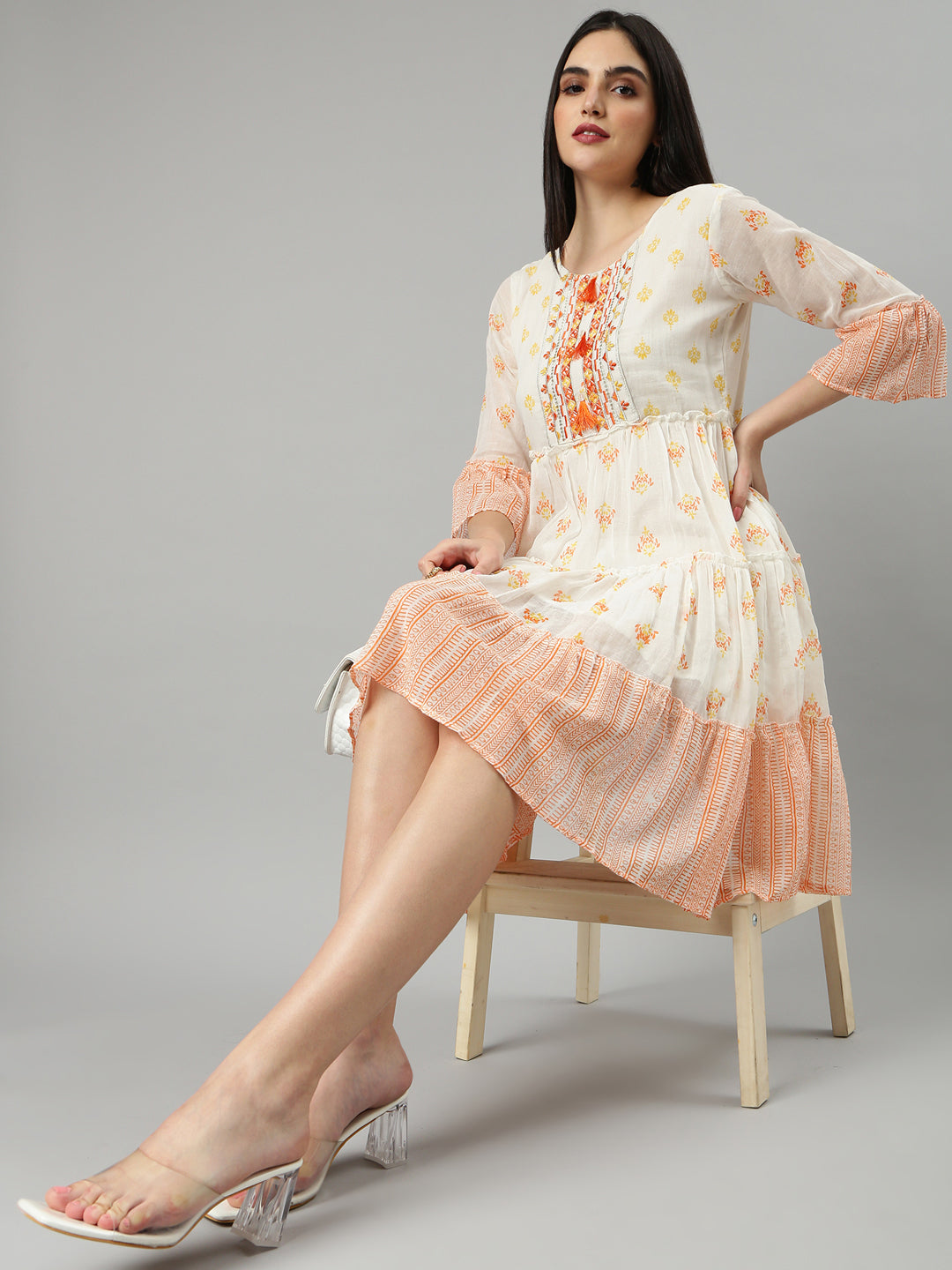 Women's Off White Floral Printed Bell Sleeve Fit and Flare Dress