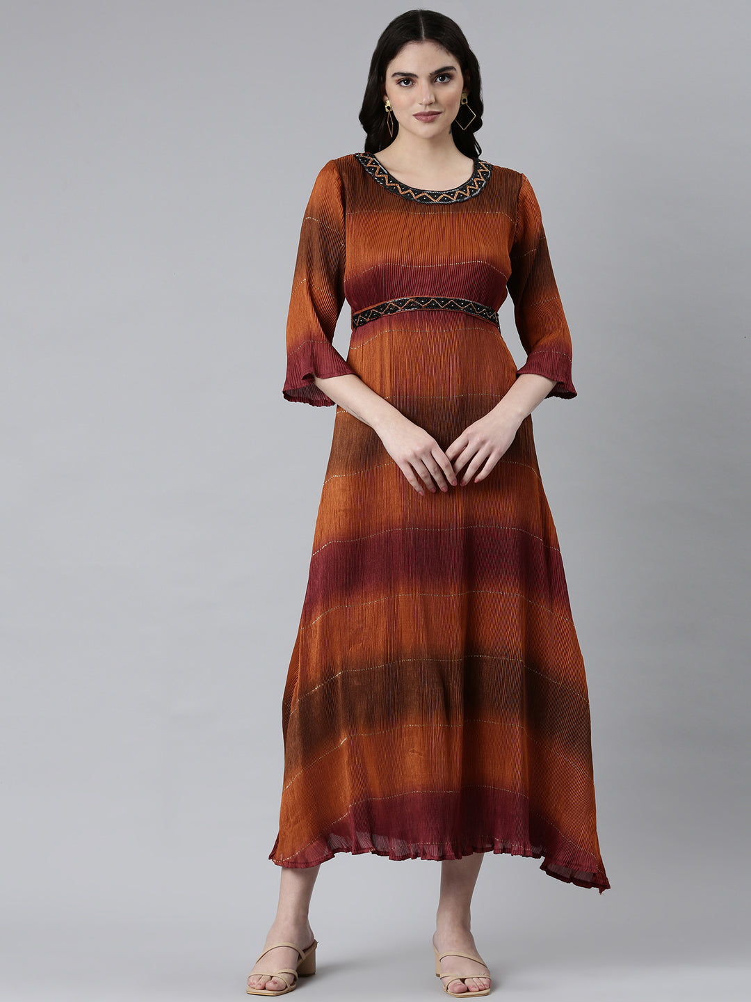Women's Brown Colour blocked Embellished Accordion Pleated Georgette Fit & Flare Dress With Belt