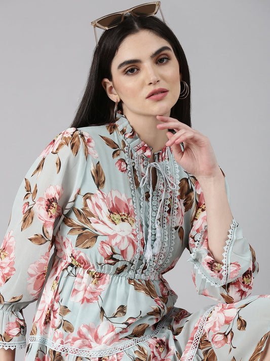 Women's Sea Green Floral Printed Tie-Up Neck Fit and Flare Dress