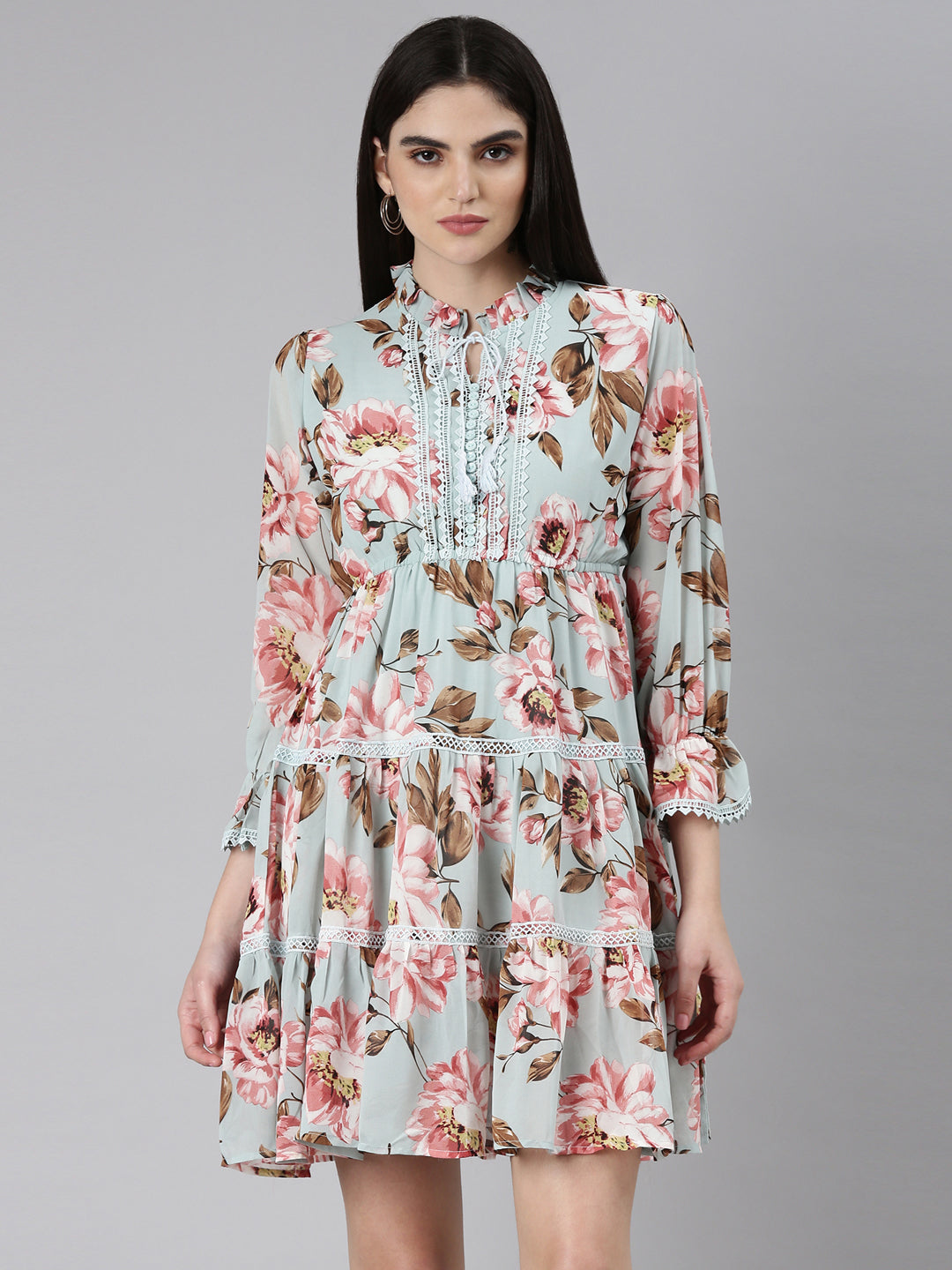 Women's Sea Green Floral Printed Tie-Up Neck Fit and Flare Dress