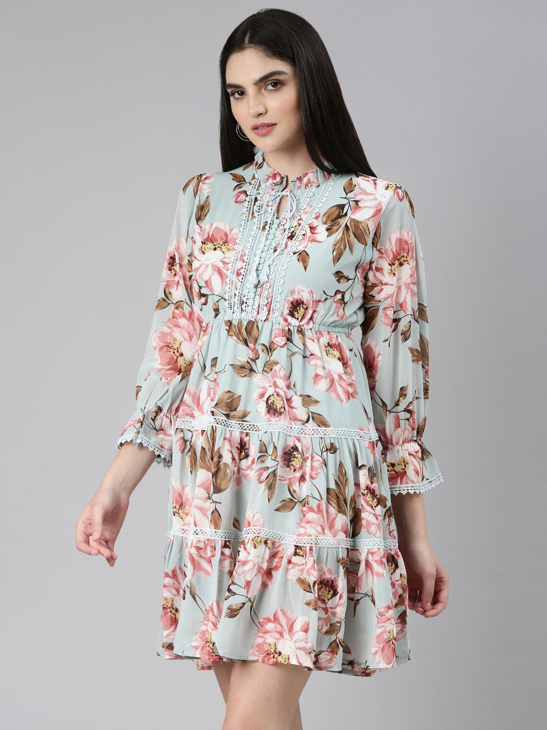 Women's Sea Green Floral Printed Tie-Up Neck Fit and Flare Dress