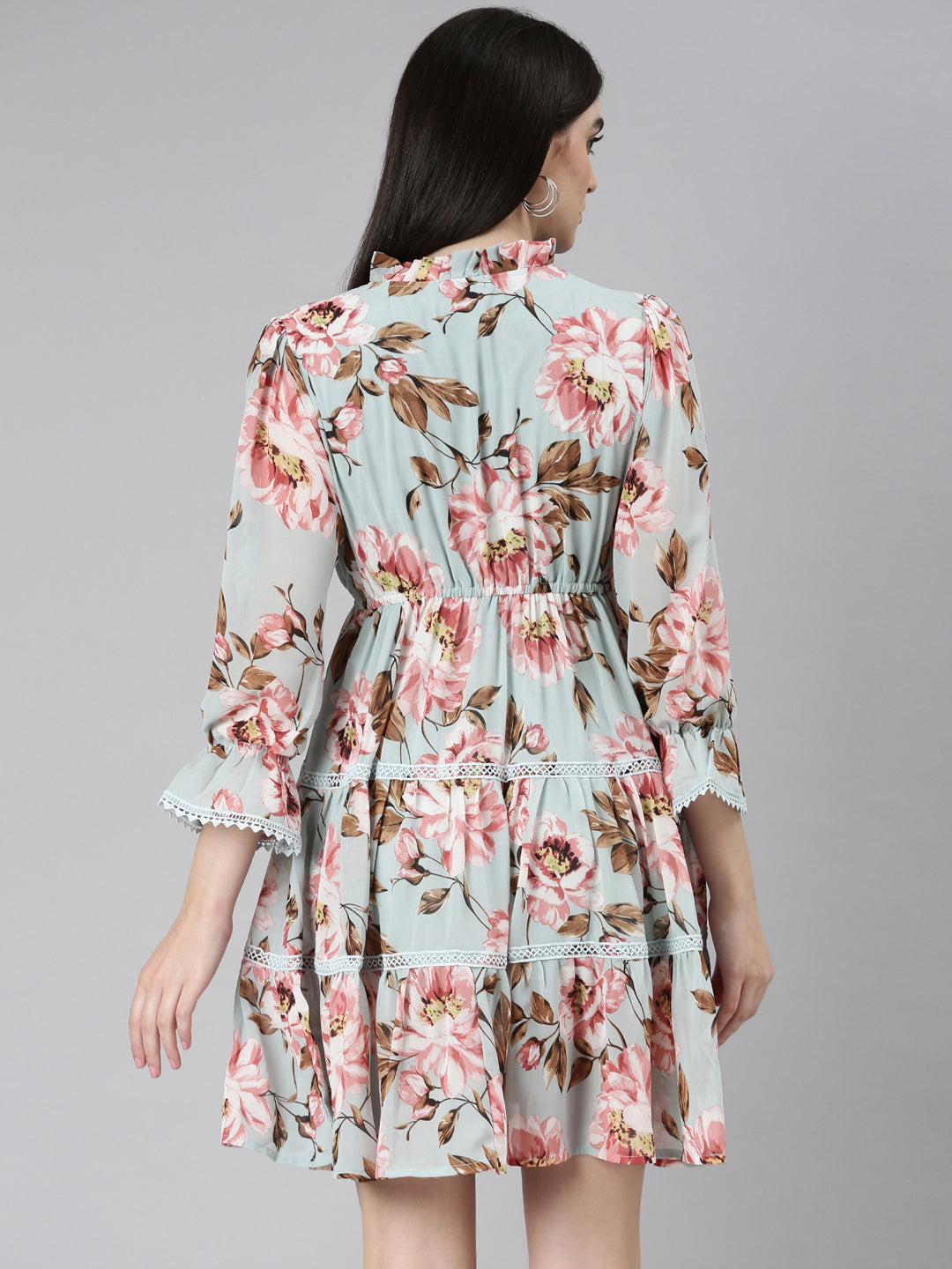 Women's Sea Green Floral Printed Tie-Up Neck Fit and Flare Dress