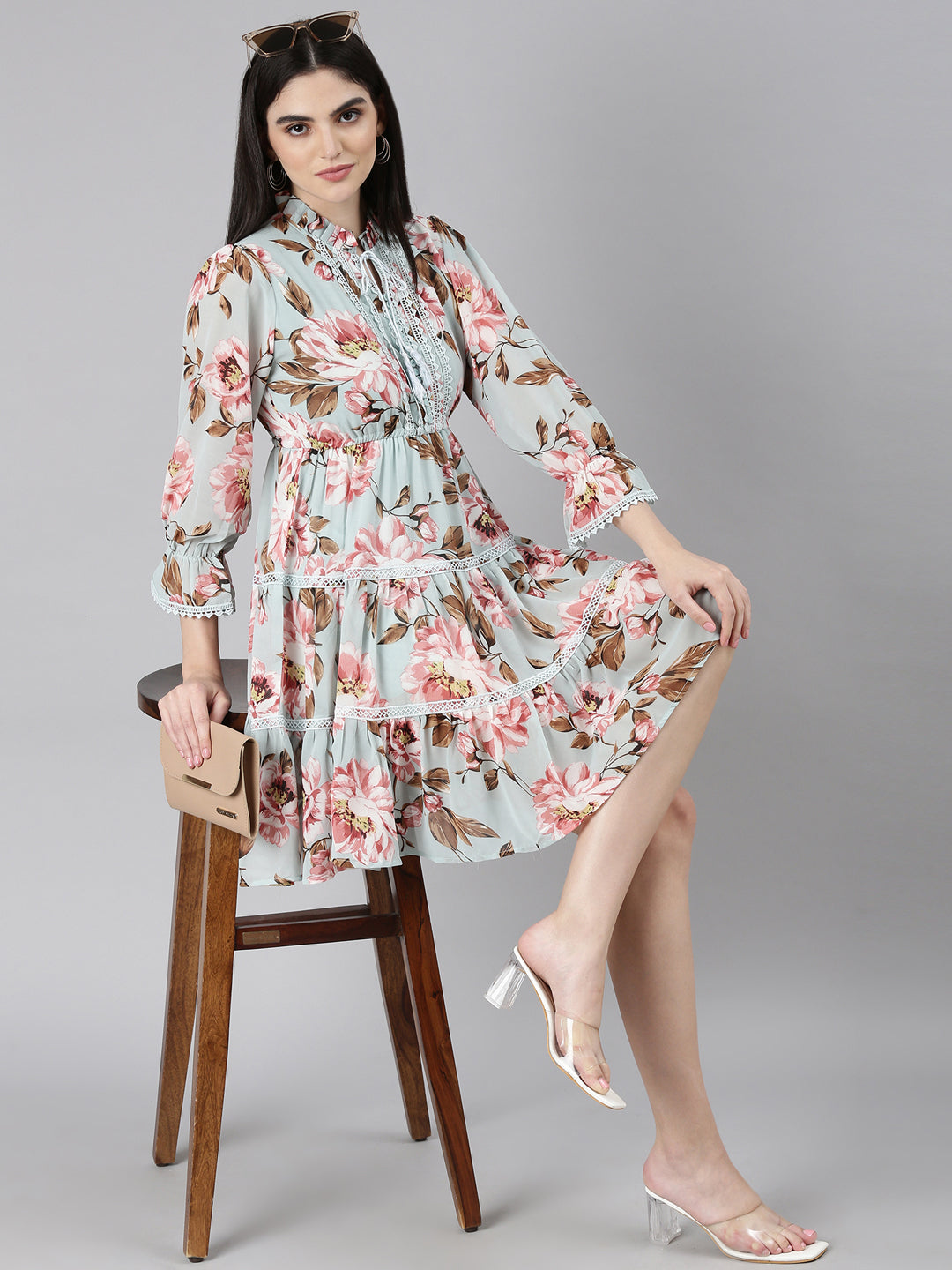 Women's Sea Green Floral Printed Tie-Up Neck Fit and Flare Dress