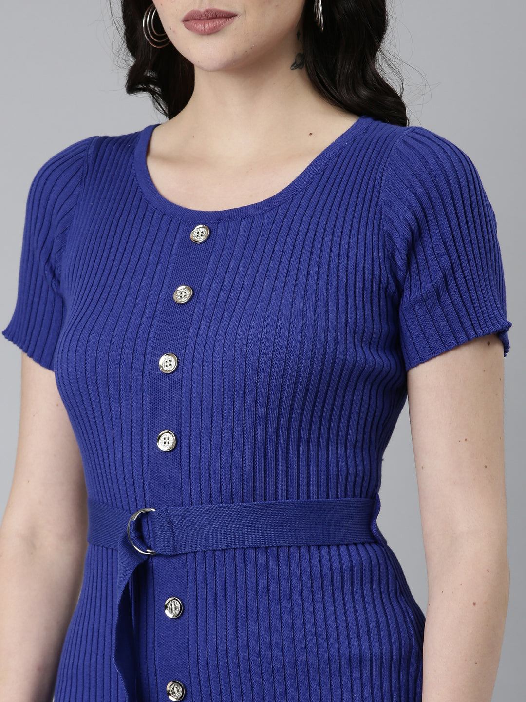 Women's Blue Self Design Short Sleeves Bodycon Dress