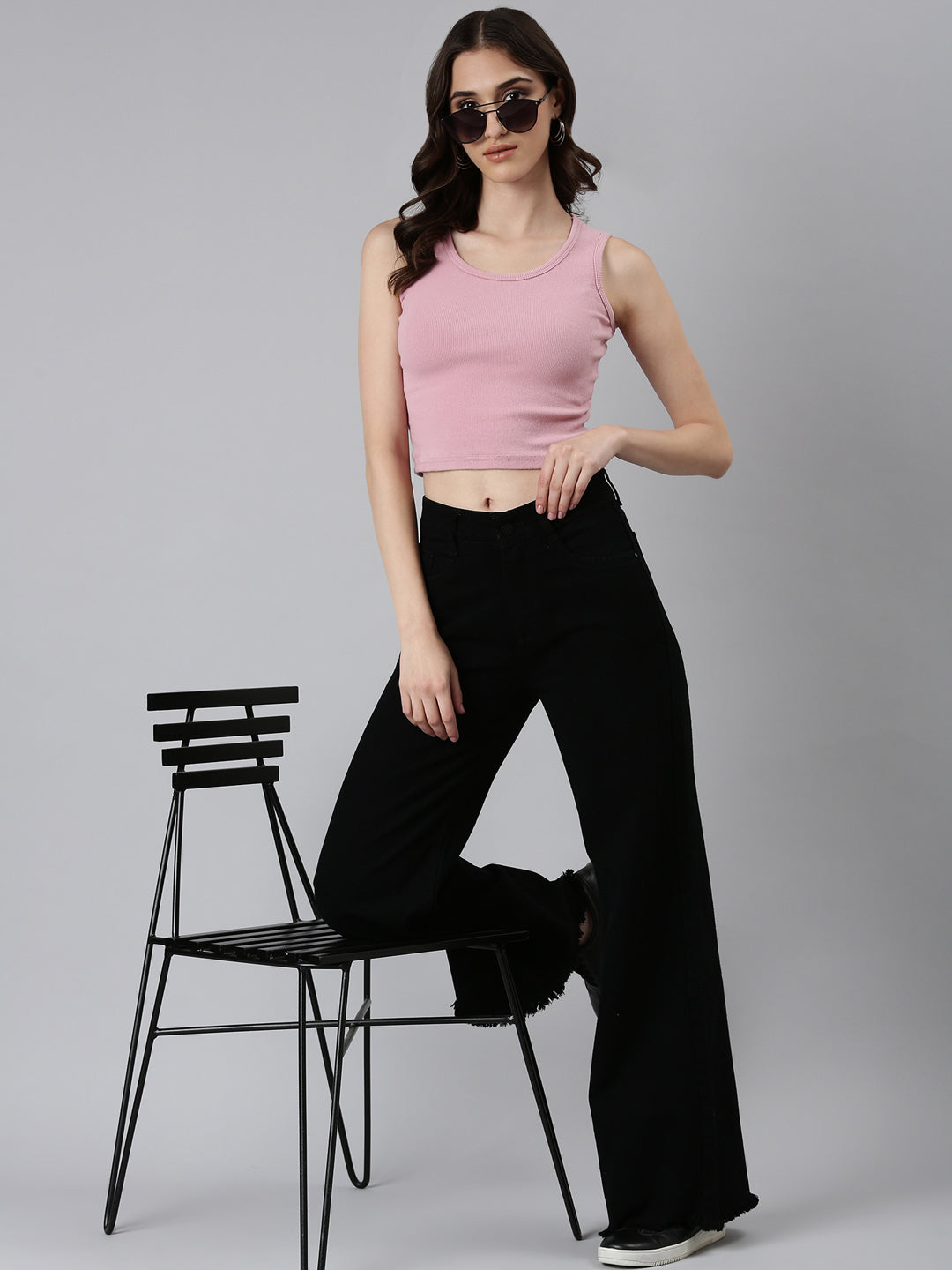 Women's Black Solid Wide Leg Denim Jeans